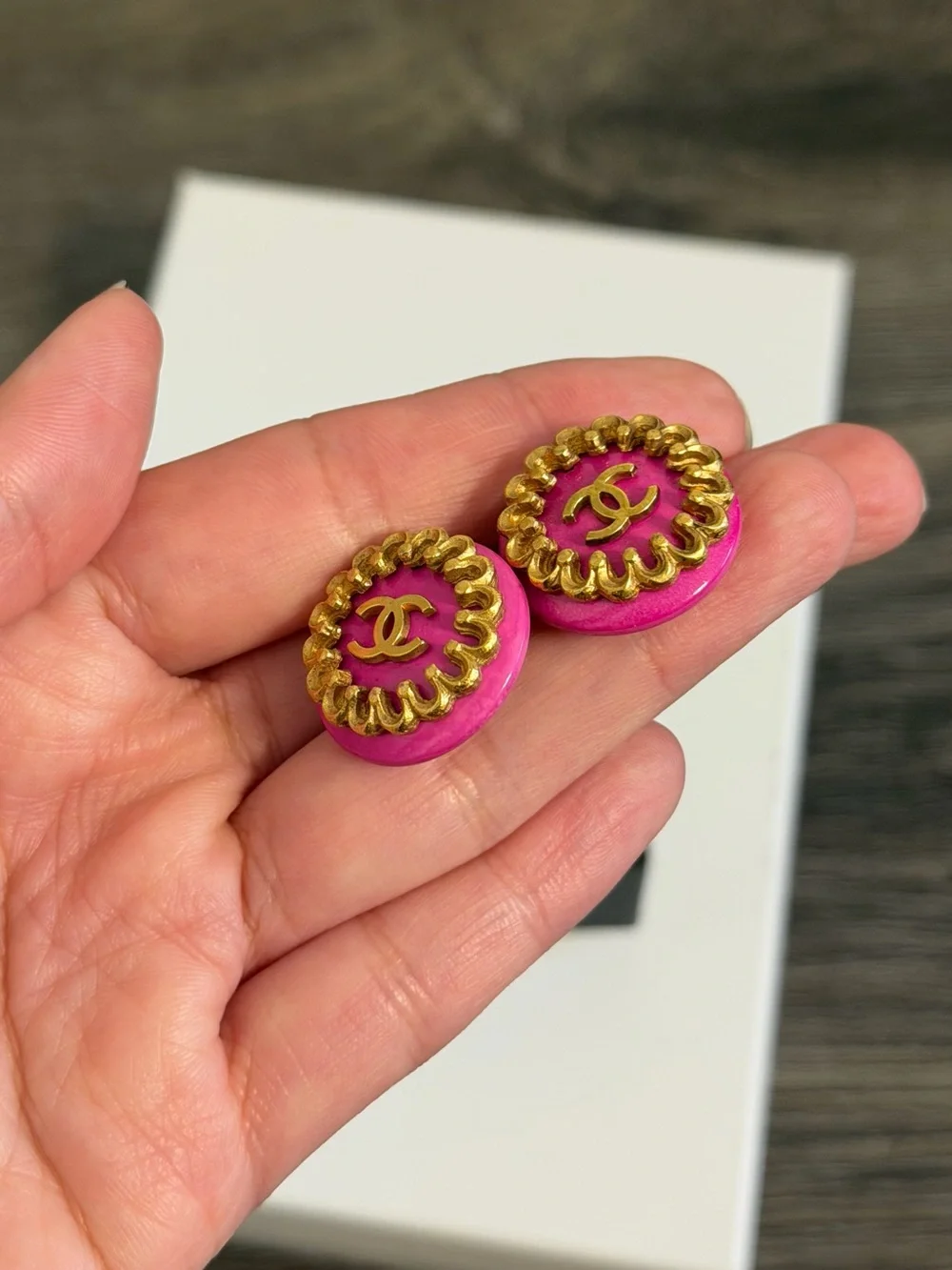 CHANEL Vintage Pink CC Gold Accent Clip On Stud Earrings